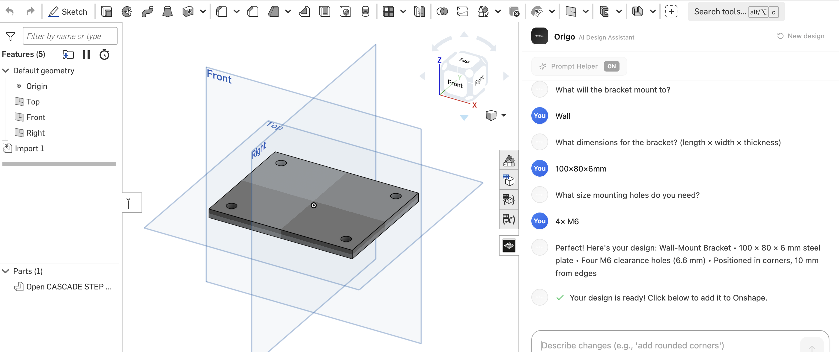 Origo Onshape Integration - AI-powered CAD design inside Onshape